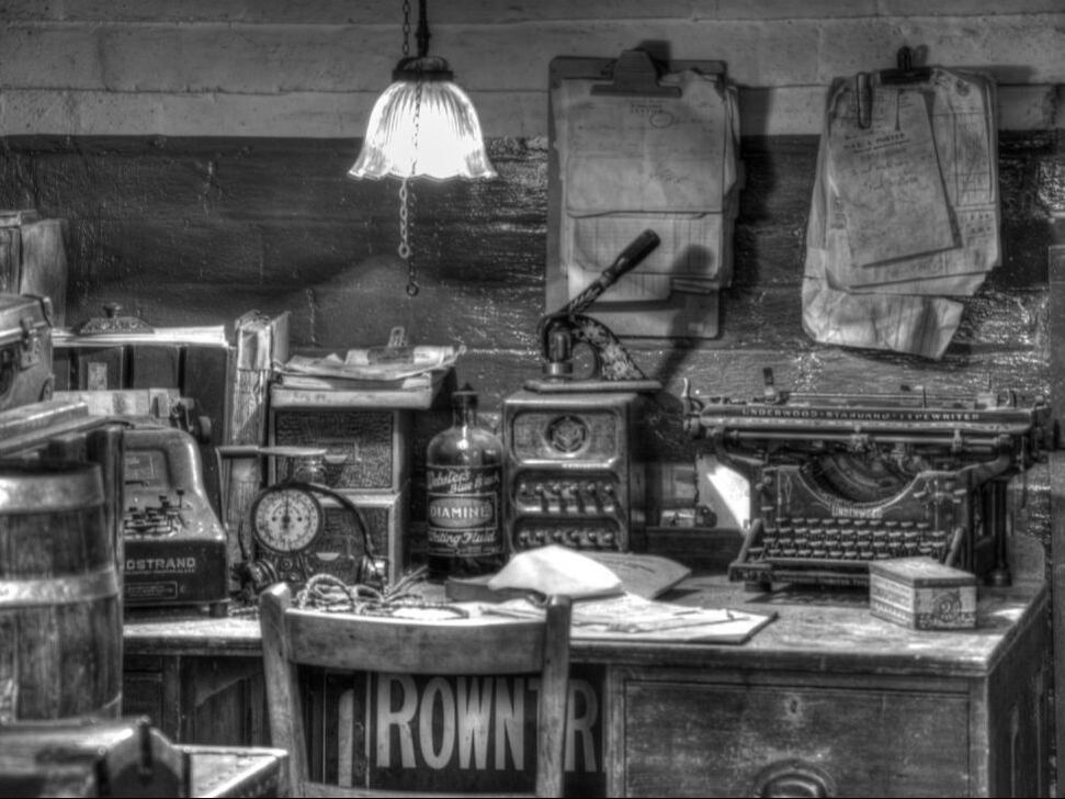 vintage office scene, black & white