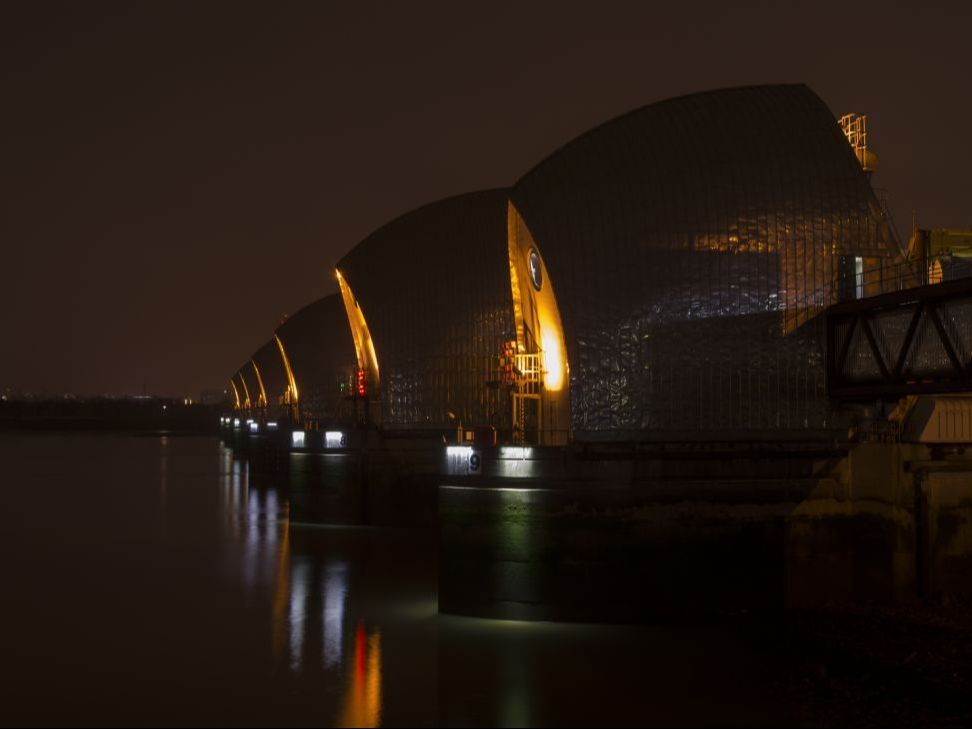 Thames Barrier London, by night