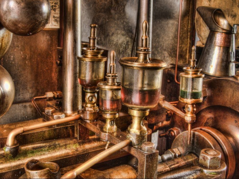 steam engine, brass oilers