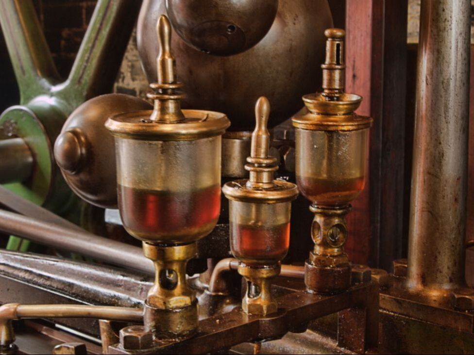 steam engine, brass oilers