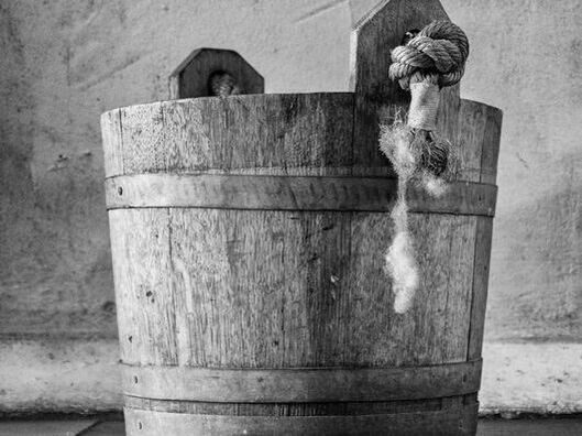old wooden bucket, pail, history, heritage, black and white, b&w