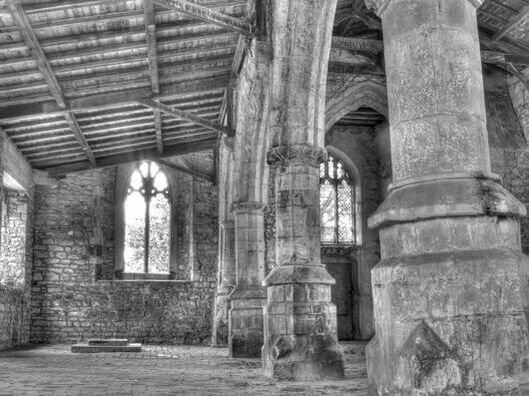 derelict church, black & white, b&w