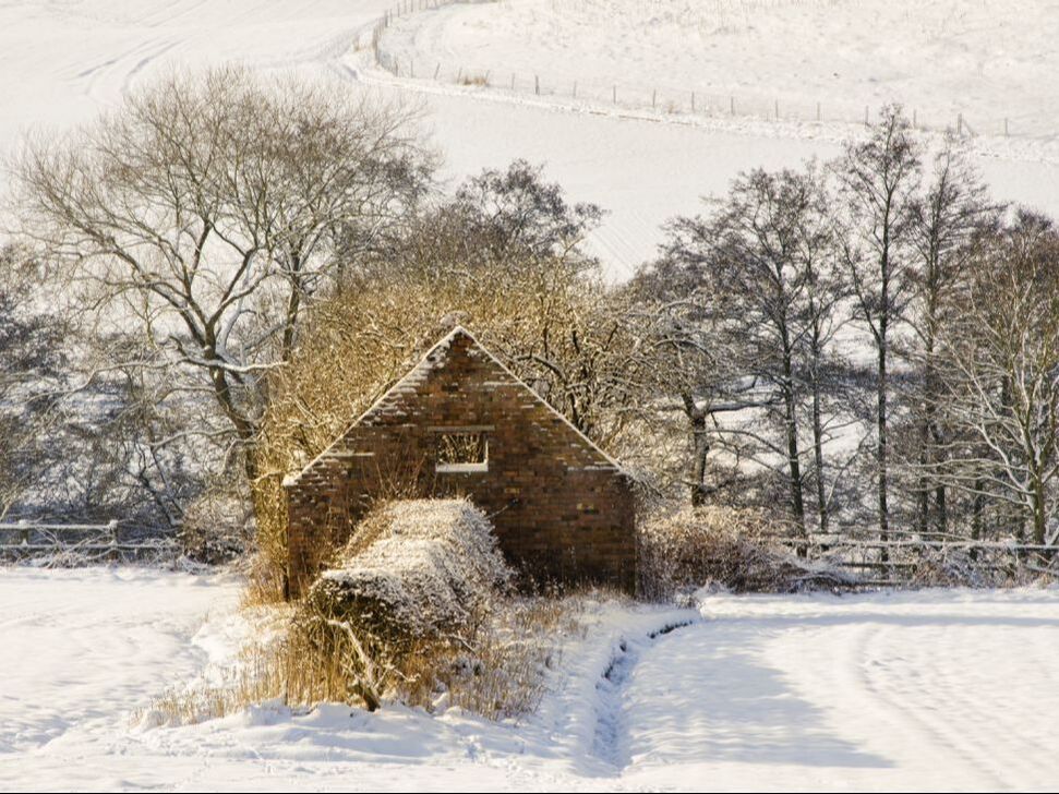 old barn in winter landscape