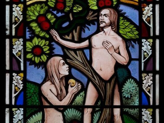 stained glass church window, Adam & Eve