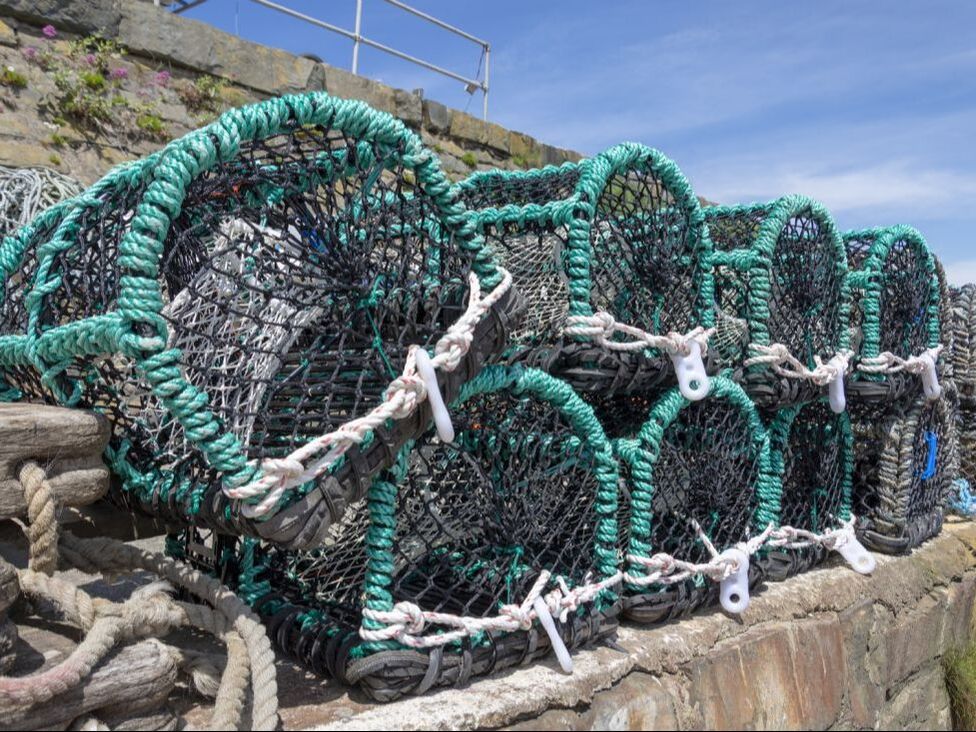 lobster pots on harbour wall